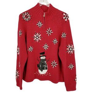 Timber Lea Womens Red Snowman Snowflake 1/4 Zip Long Sleeves Pullover Sweater L